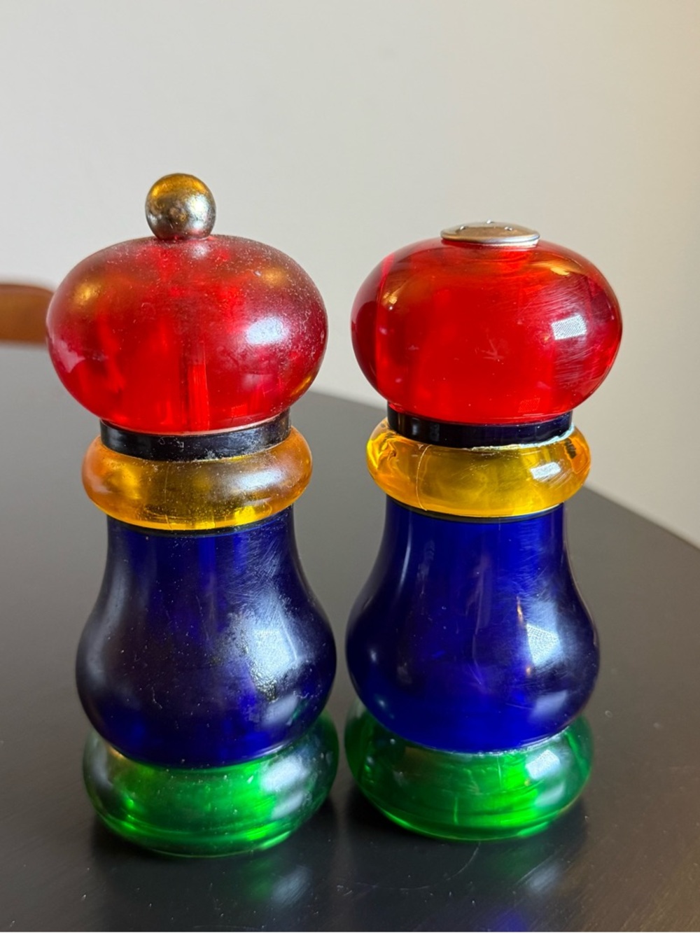Vintage Lucite Sunset Fiesta Olde Thompson Multicolor Pepper Mill & Salt Shakers
